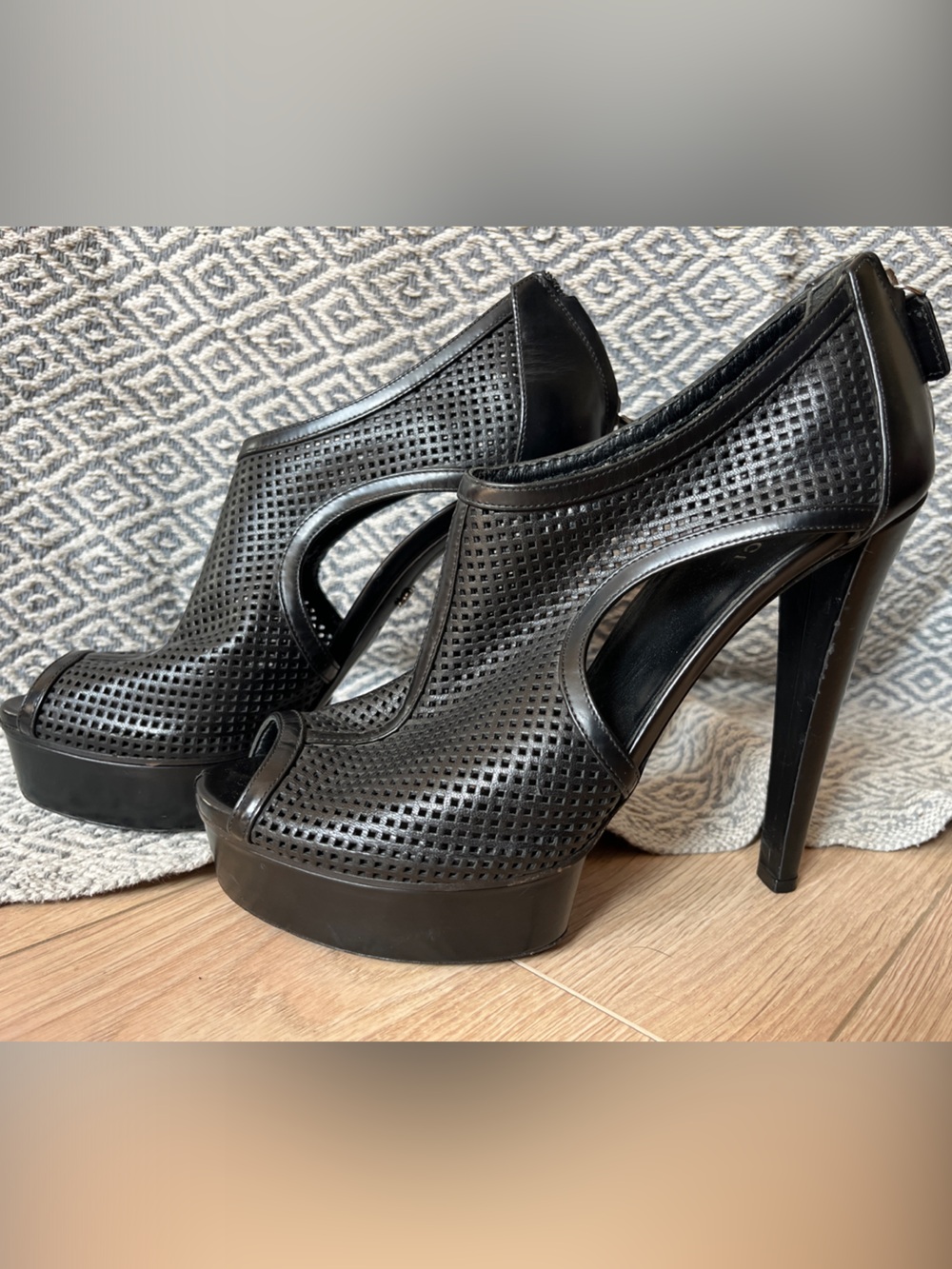 Gucci Black Perforated Peep-Toe Platform Stiletto Heels